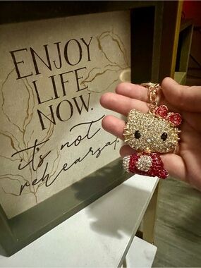 2/$25 Hello Kitty Gold Crystal Keychain with Red Bow & Dress